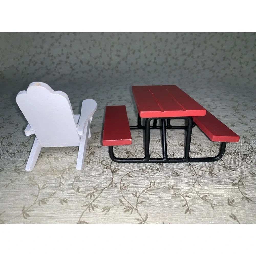 Dollhouse Picnic Furniture Outdoor Red Wood Picnic Table, Adironback Wood Chair